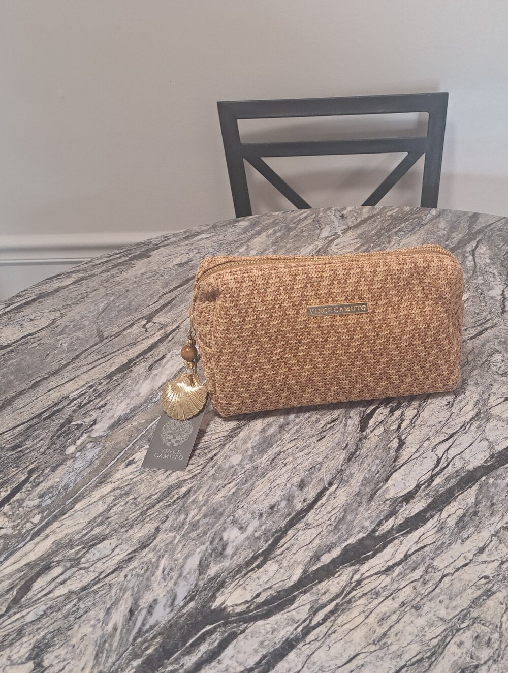 Vince Camuto Woven Tan Cosmetic Case with Gold Charm - Picture 4 of 4